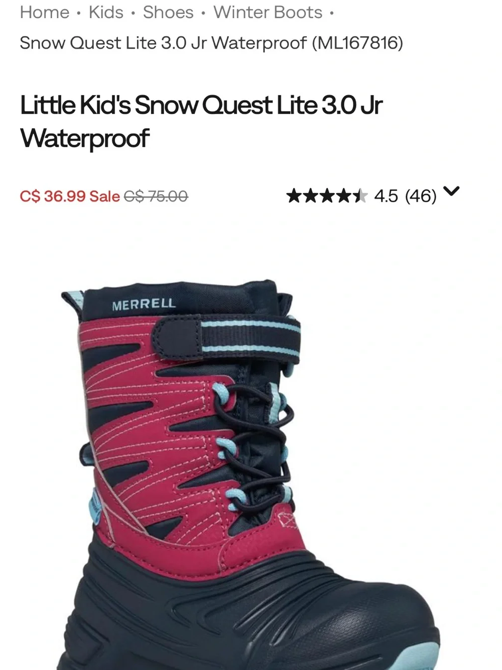 Merrell Kids Black and Pink Insulated Snow Boots with Hook-and-Loop Strap